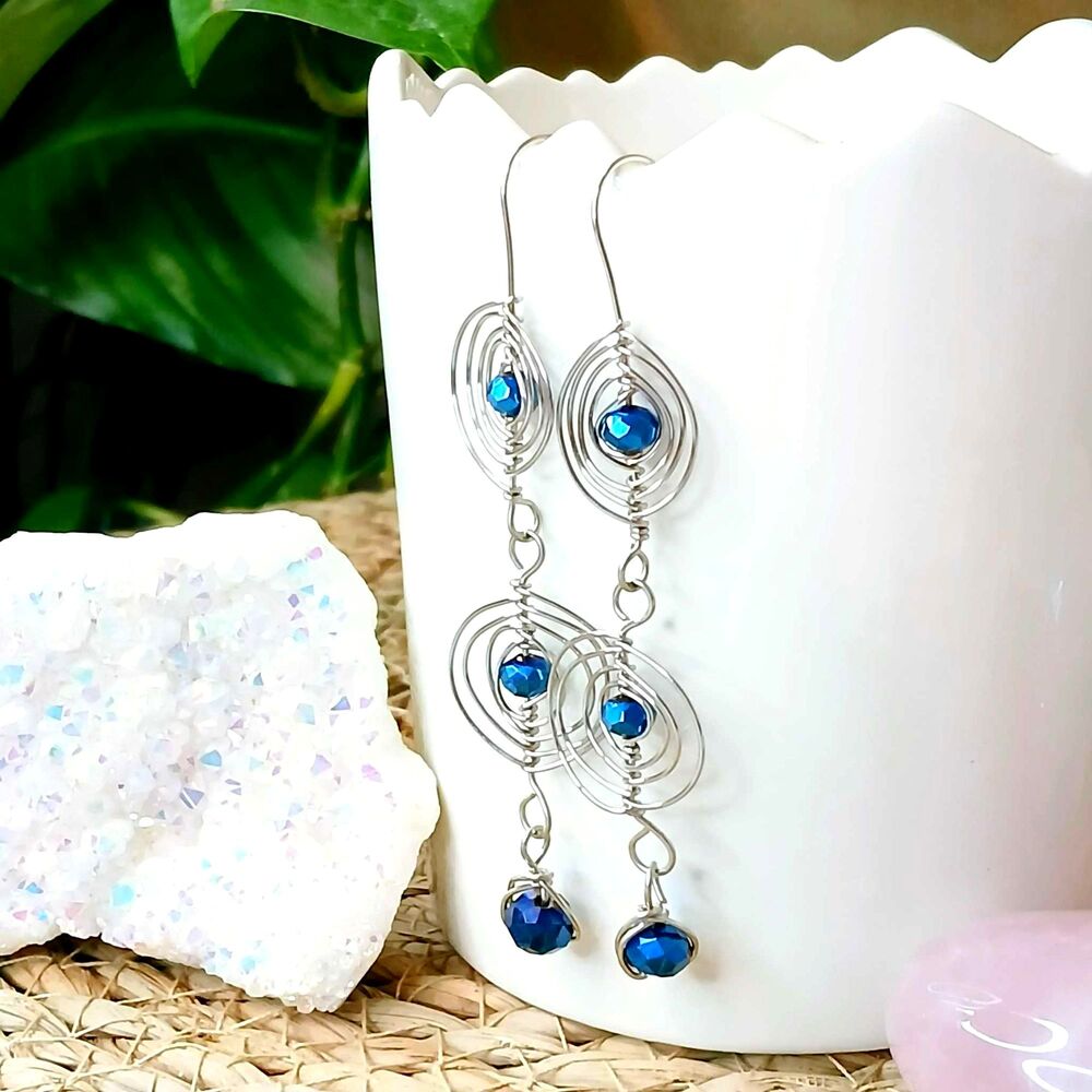 BOGO EARRINGS Boho Statement Cobalt Blue Dangle Earrings, Glass Beaded 3.5"